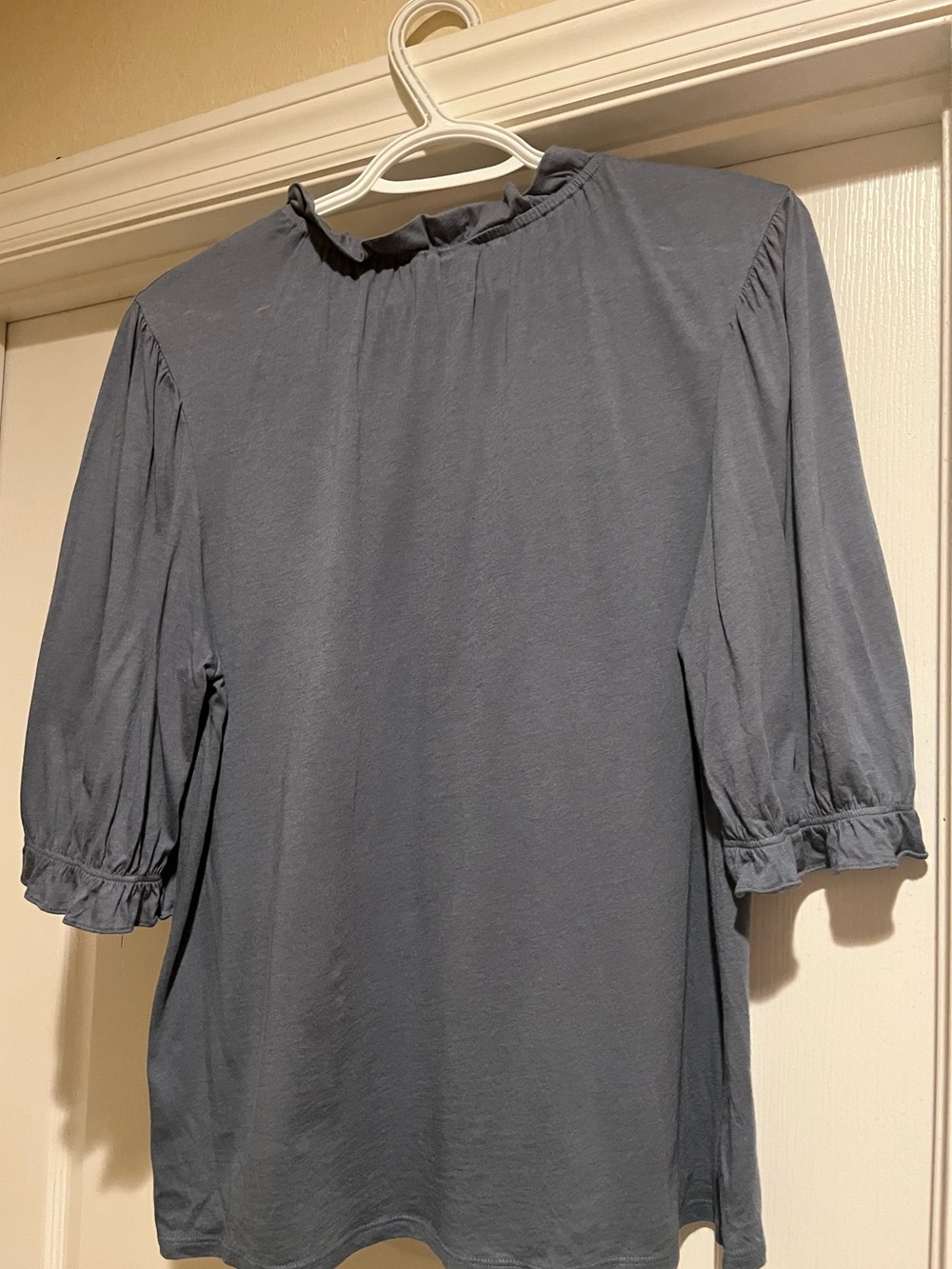 LOFT Slate Blue Ruffle Neck Elbow-Sleeve Blouse